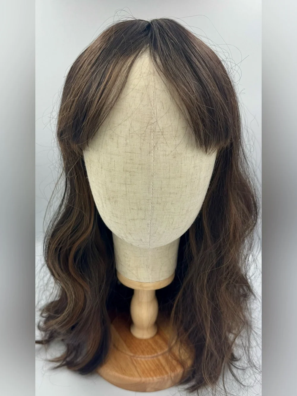 New Dark Brown Highlighted Long Wavy Wig with Bangs + Wig Cap